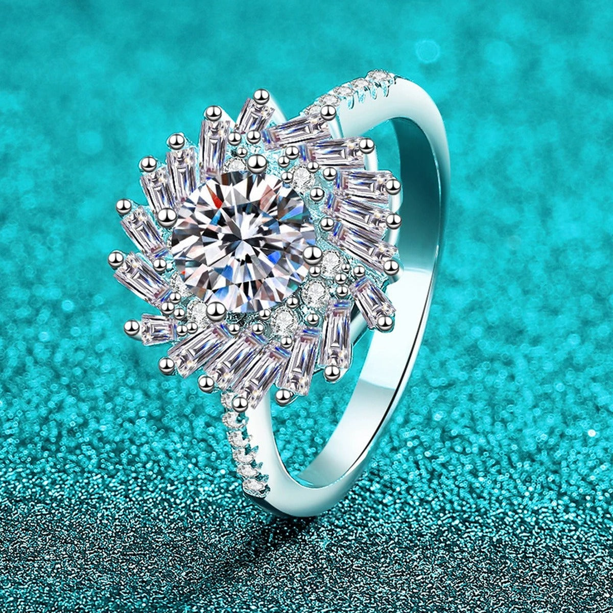 Round Moissanite Halo Ring with CZ product view showing moissanite setting and metal finish