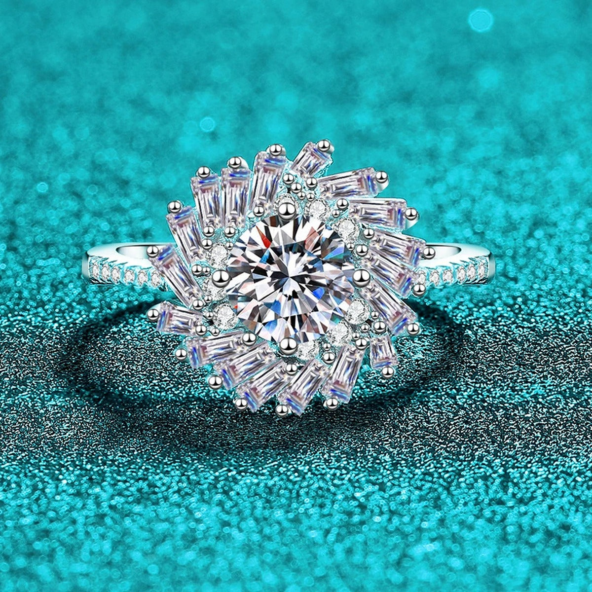 Round Moissanite Halo Ring with CZ product view showing moissanite setting and metal finish