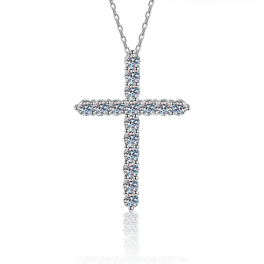 Cross Multi-Moissanite Necklace in White Gold-Plated S925 sterling silver white background product photo showing cross pendant set with multiple round moissanite stones in a bright vertical silhouette