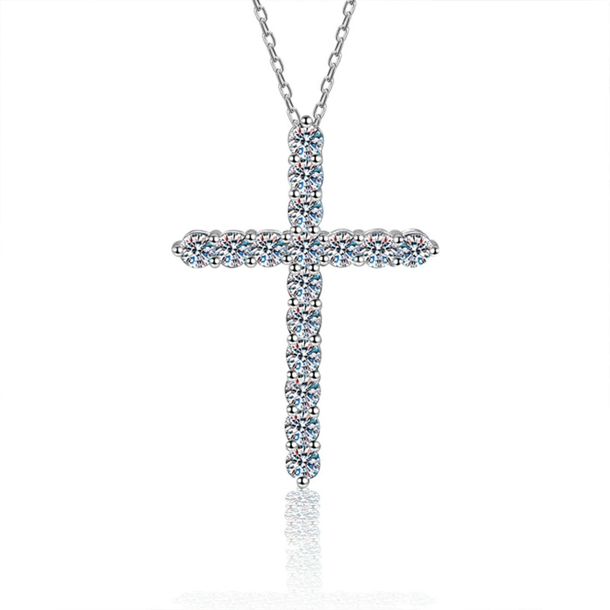 Cross Multi-Moissanite Necklace in White Gold-Plated S925 sterling silver white background product photo showing cross pendant set with multiple round moissanite stones in a bright vertical silhouette