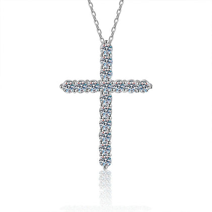 Cross Multi-Moissanite Necklace in White Gold-Plated S925 sterling silver white background product photo showing cross pendant set with multiple round moissanite stones in a bright vertical silhouette