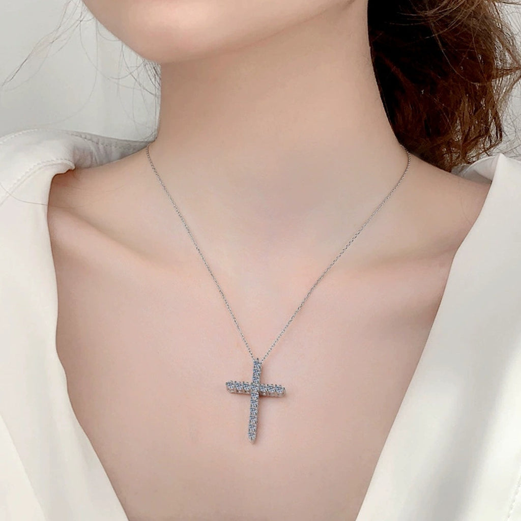 Cross Multi-Moissanite Necklace in White Gold-Plated S925 sterling silver neckline model view showing pendant scale and chain length