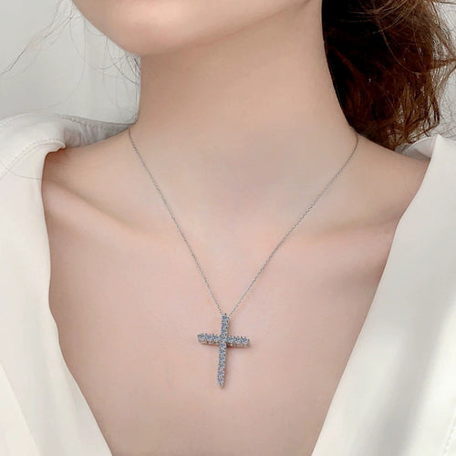 Cross Multi-Moissanite Necklace in White Gold-Plated S925 sterling silver neckline model view showing pendant scale and chain length