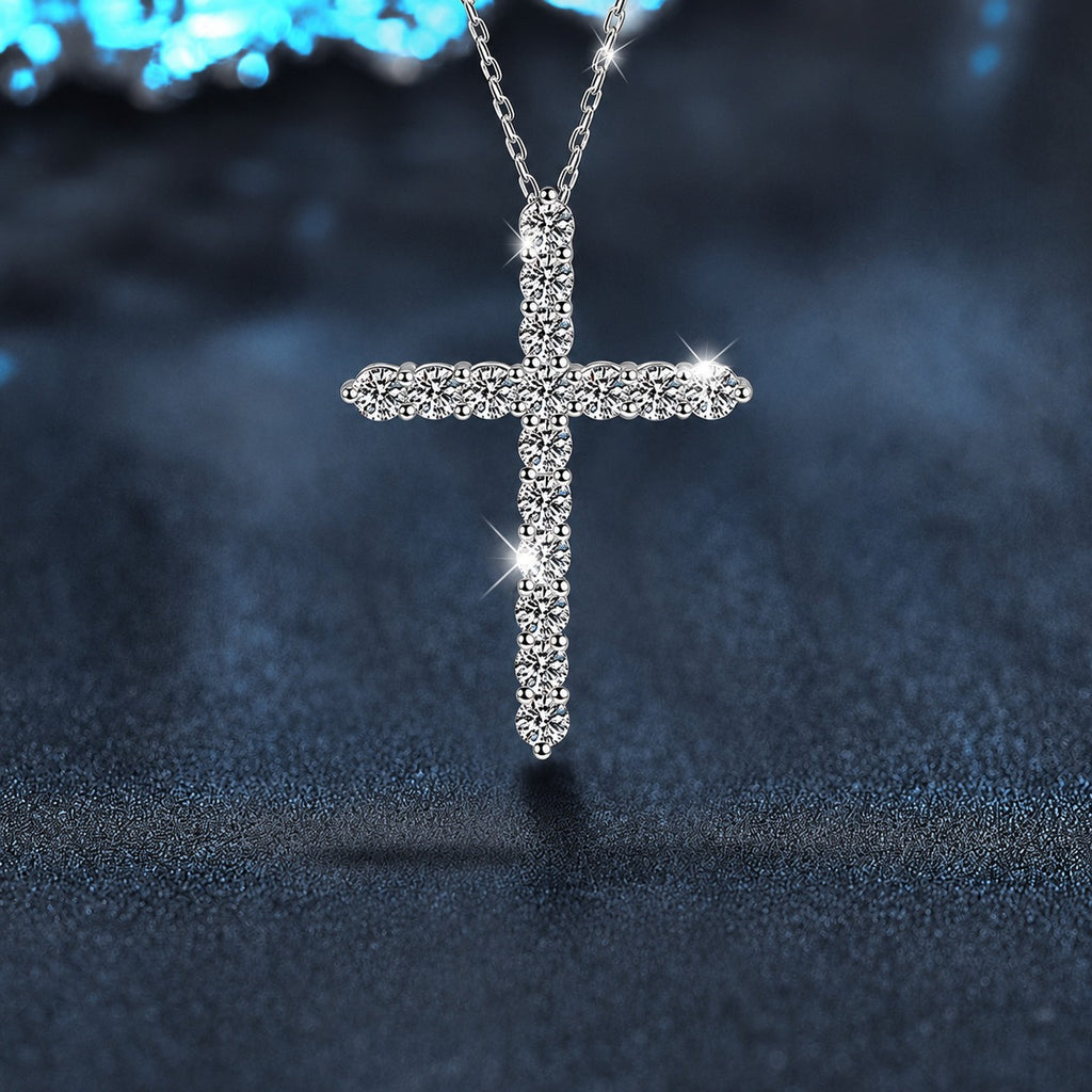 Cross Multi-Moissanite Necklace in White Gold-Plated S925 sterling silver close-up product scene showing pendant setting