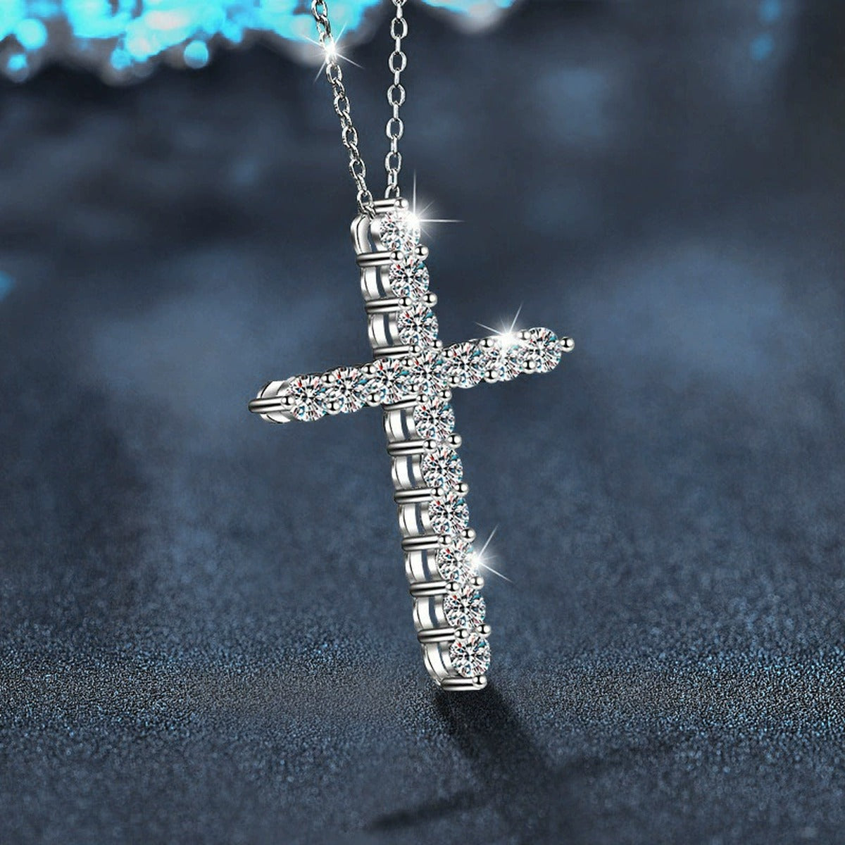 Cross Multi-Moissanite Necklace in White Gold-Plated S925 sterling silver blue display scene showing chain and stone layout