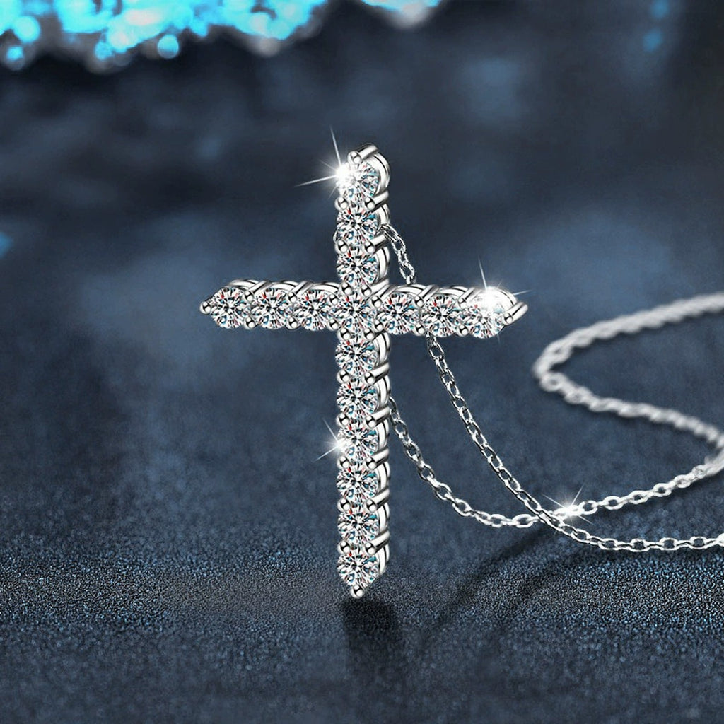 Cross Multi-Moissanite Necklace in White Gold-Plated S925 sterling silver angled product detail view