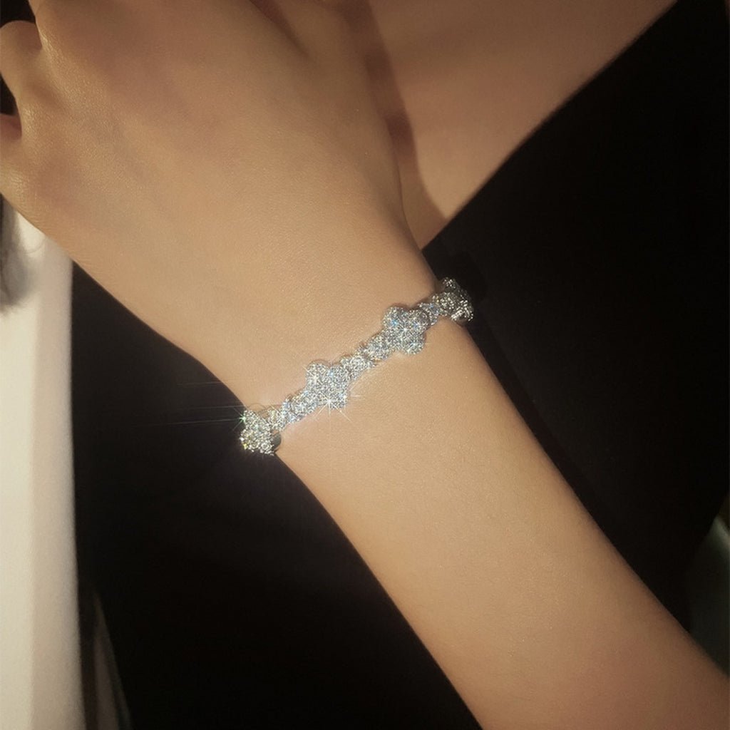 Full Moissanite Tennis Bracelet in Gold-Plated S925 Sterling Silver worn on wrist model view showing scale and fit