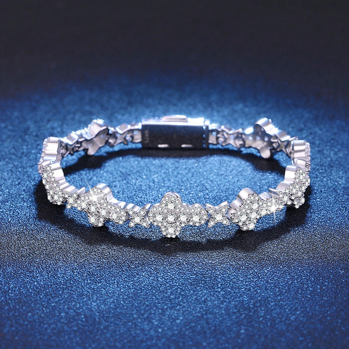 Full Moissanite Tennis Bracelet in Gold-Plated S925 Sterling Silver blue display scene showing bracelet sparkle and chain detail
