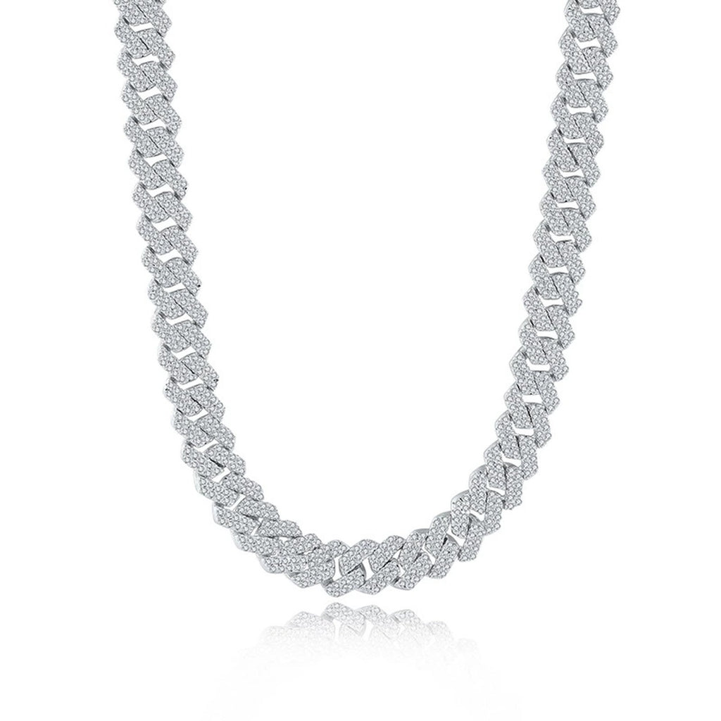 White gold-plated iced Cuban link moissanite necklace on white background product photo