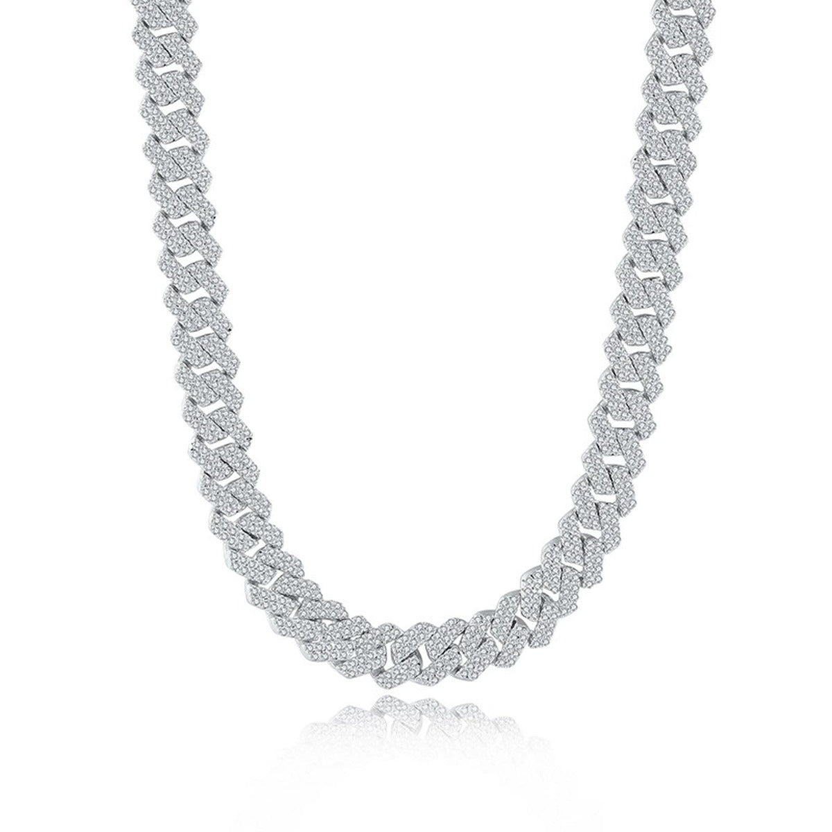 White gold-plated iced Cuban link moissanite necklace on white background product photo