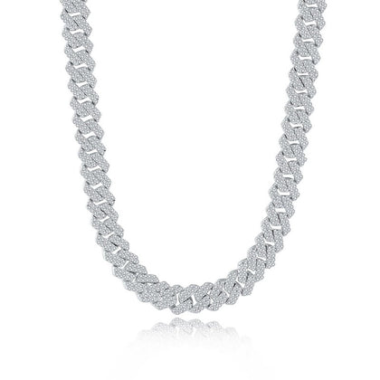 White gold-plated iced Cuban link moissanite necklace on white background product photo