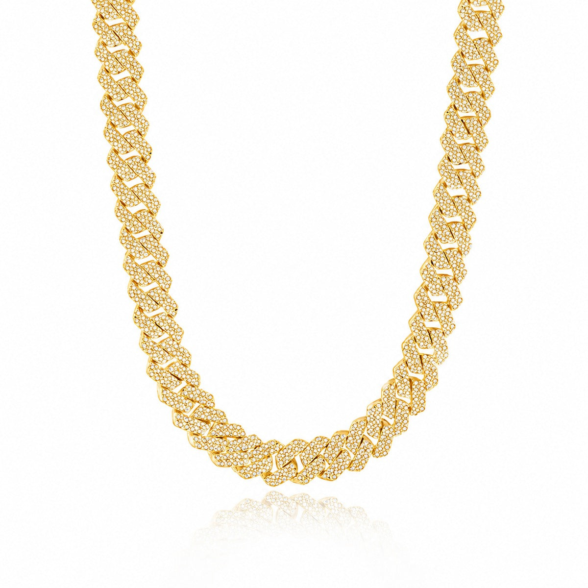 Yellow gold-plated iced Cuban link moissanite necklace on white background product photo