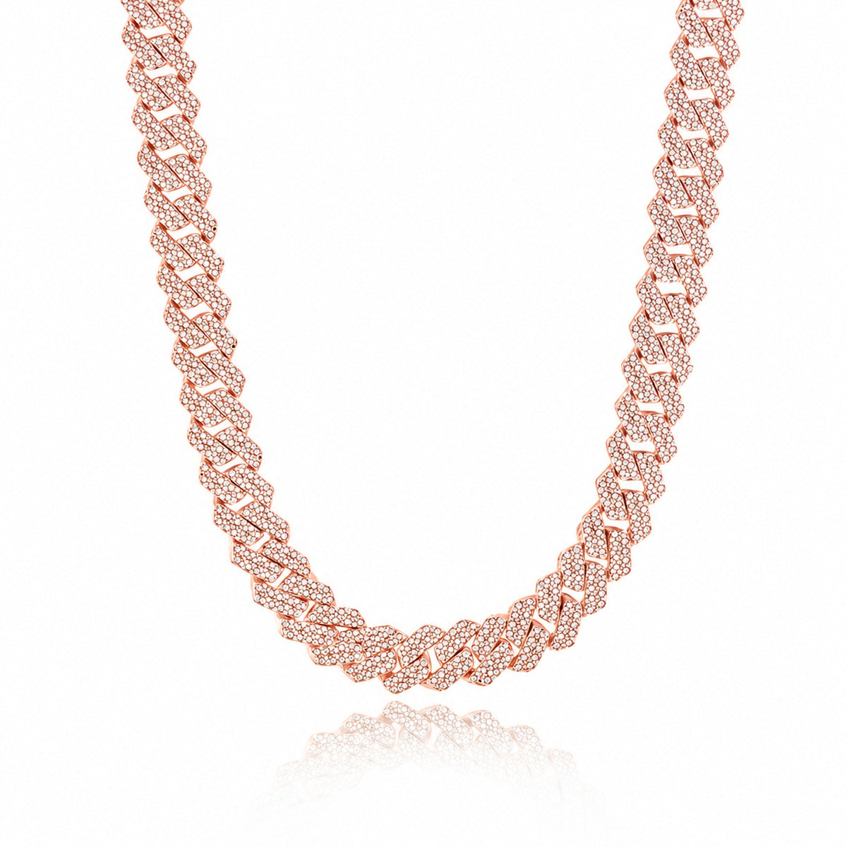 Rose gold-plated iced Cuban link moissanite necklace on white background product photo