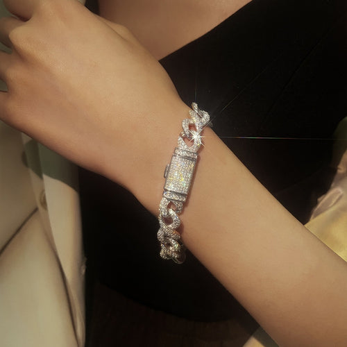 10mm Full Pave Moissanite Cuban Link Bracelet worn on wrist model view showing bracelet scale and fit
