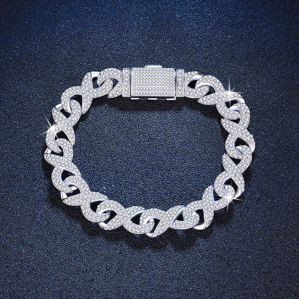 10mm Full Pave Moissanite Cuban Link Bracelet styled on blue display background showing moissanite sparkle and chain detail
