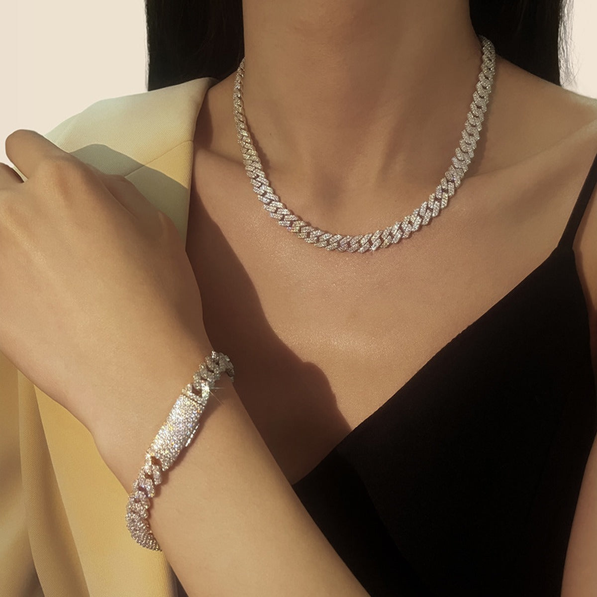 8mm Full Pave Moissanite Cuban Link Bracelet worn on wrist model view showing bracelet scale and fit