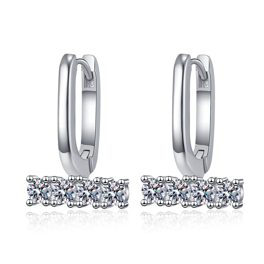 Bar Drop Moissanite Hoop Earrings in White Gold-Plated S925 Silver on clean white background showing the pair and sleek hoop earrings with a straight bar of round moissanite stones