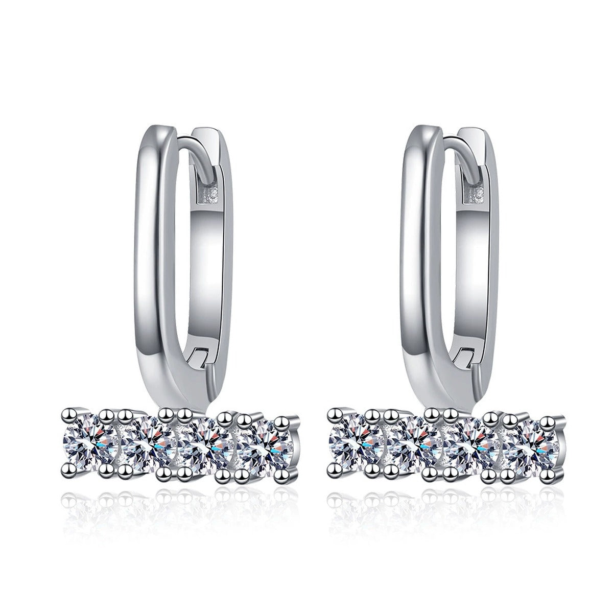 Bar Drop Moissanite Hoop Earrings in White Gold-Plated S925 Silver on clean white background showing the pair and sleek hoop earrings with a straight bar of round moissanite stones