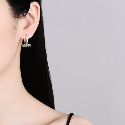 Bar Drop Moissanite Hoop Earrings in White Gold-Plated S925 Silver worn on ear by model