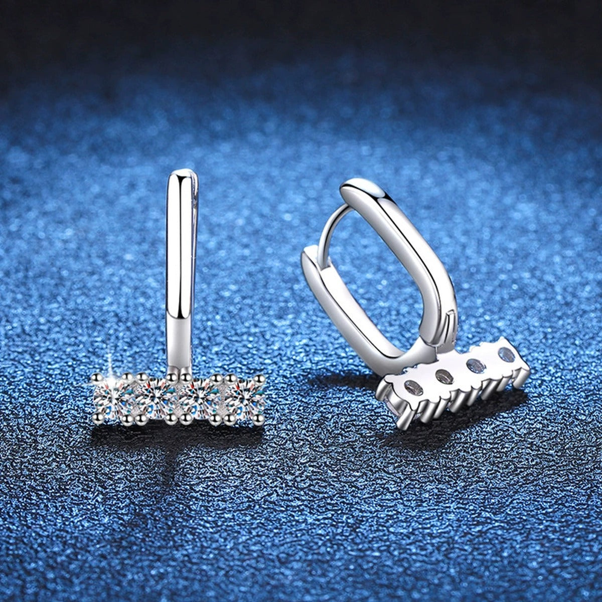 Bar Drop Moissanite Hoop Earrings in White Gold-Plated S925 Silver blue scene product view