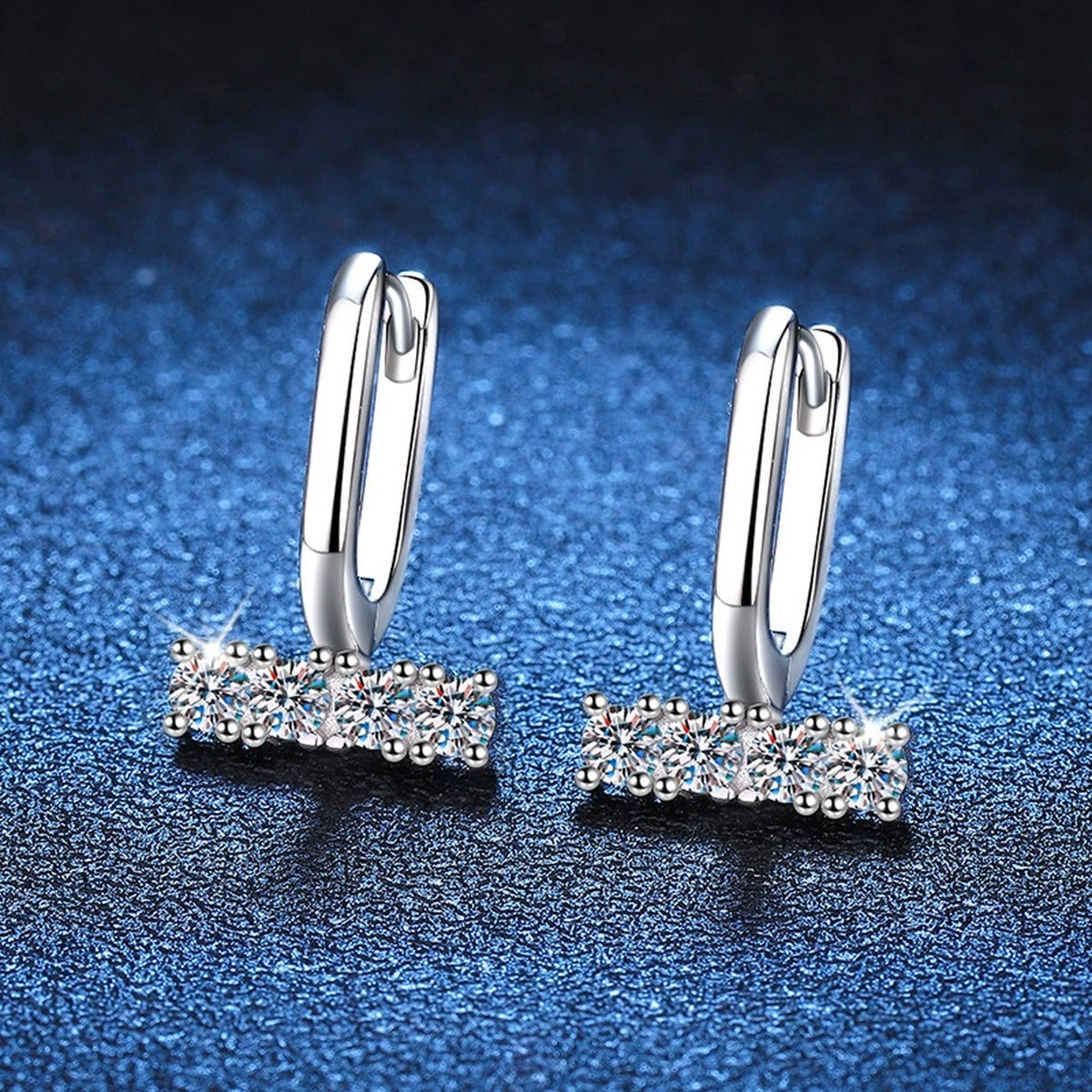 Bar Drop Moissanite Hoop Earrings in White Gold-Plated S925 Silver blue scene angled view