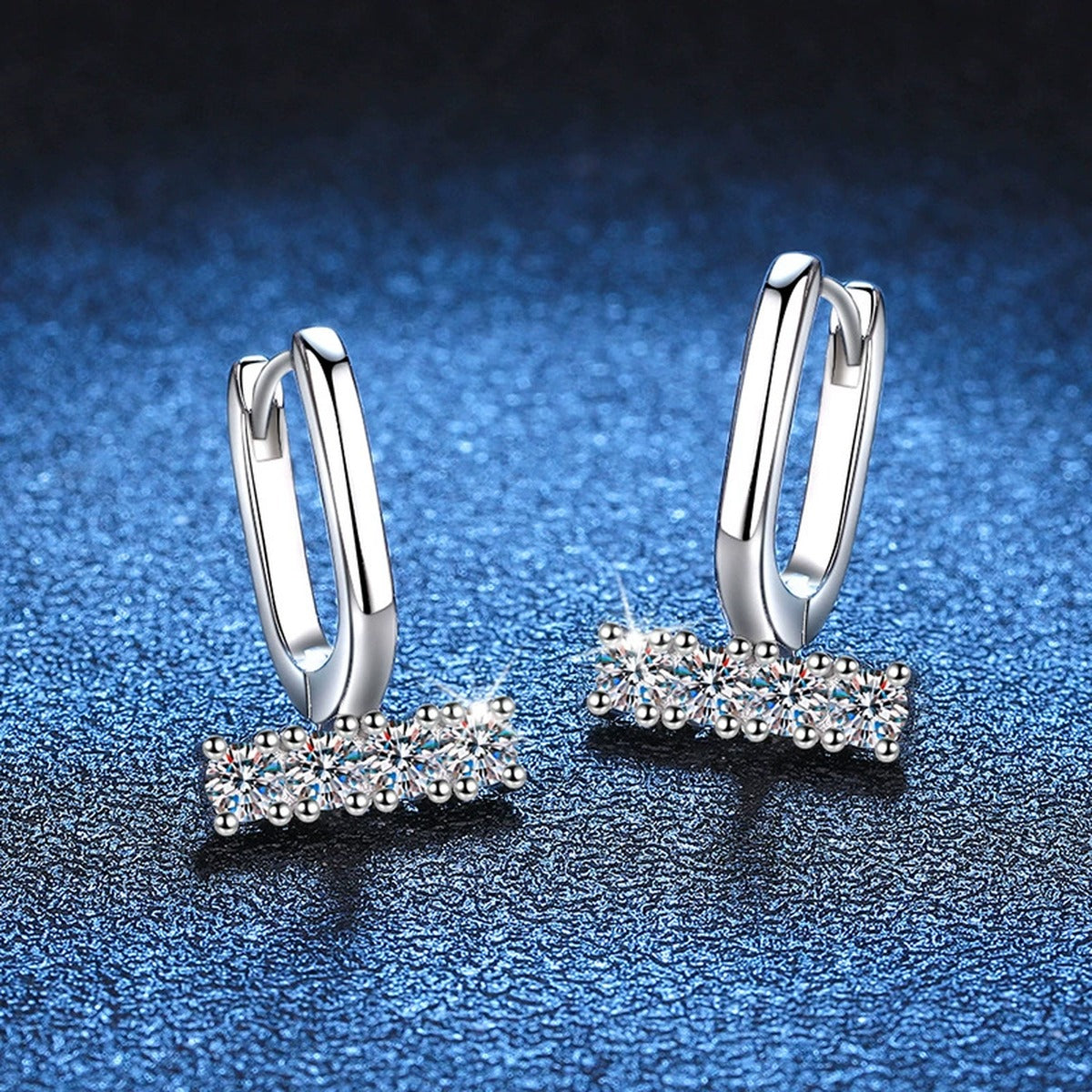 Bar Drop Moissanite Hoop Earrings in White Gold-Plated S925 Silver blue scene close-up view