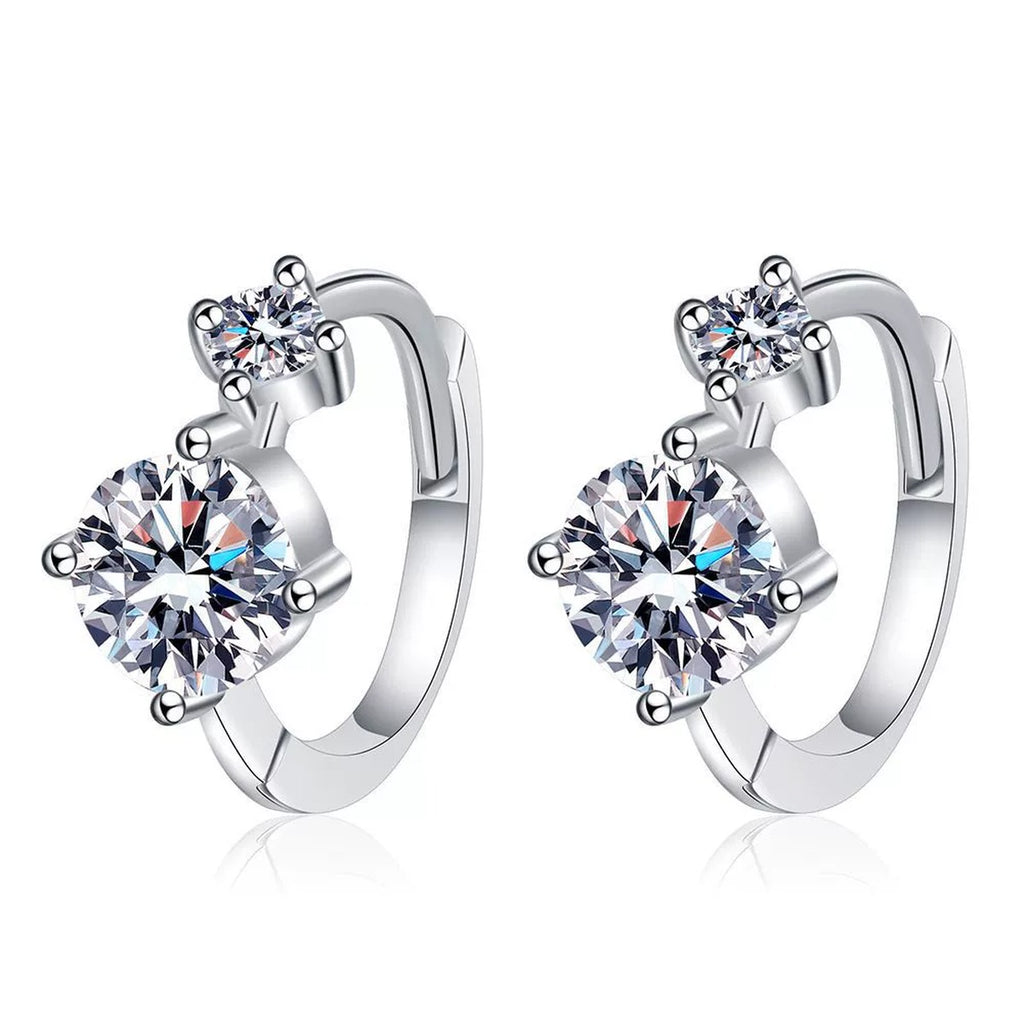 Two-Stone Moissanite Hoop Earrings in White Gold-Plated S925 Silver on clean white background showing the pair and curved hoop earrings with a raised two-stone moissanite arrangement