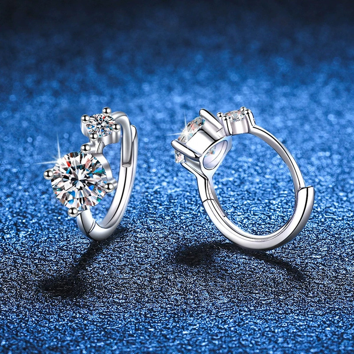 Two-Stone Moissanite Hoop Earrings in White Gold-Plated S925 Silver blue scene product view