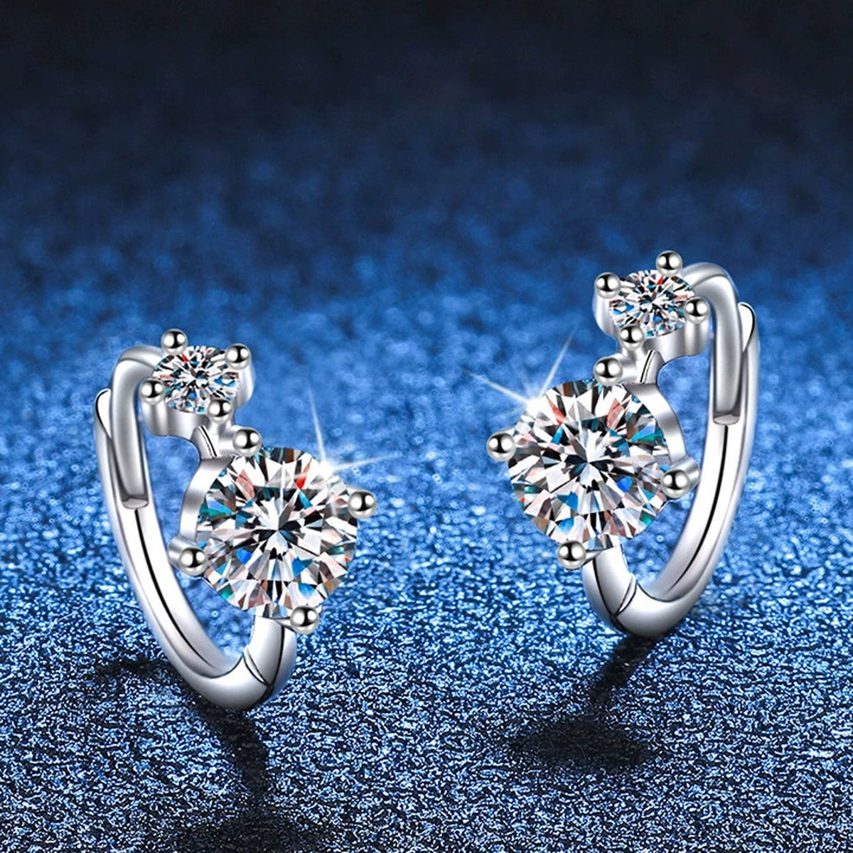 Two-Stone Moissanite Hoop Earrings in White Gold-Plated S925 Silver blue scene angled view