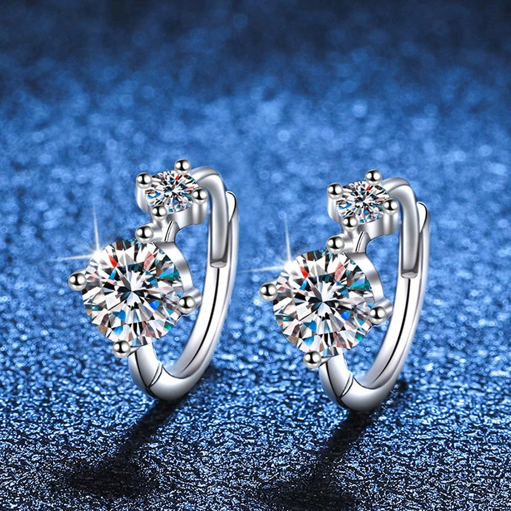 Two-Stone Moissanite Hoop Earrings in White Gold-Plated S925 Silver blue scene close-up view