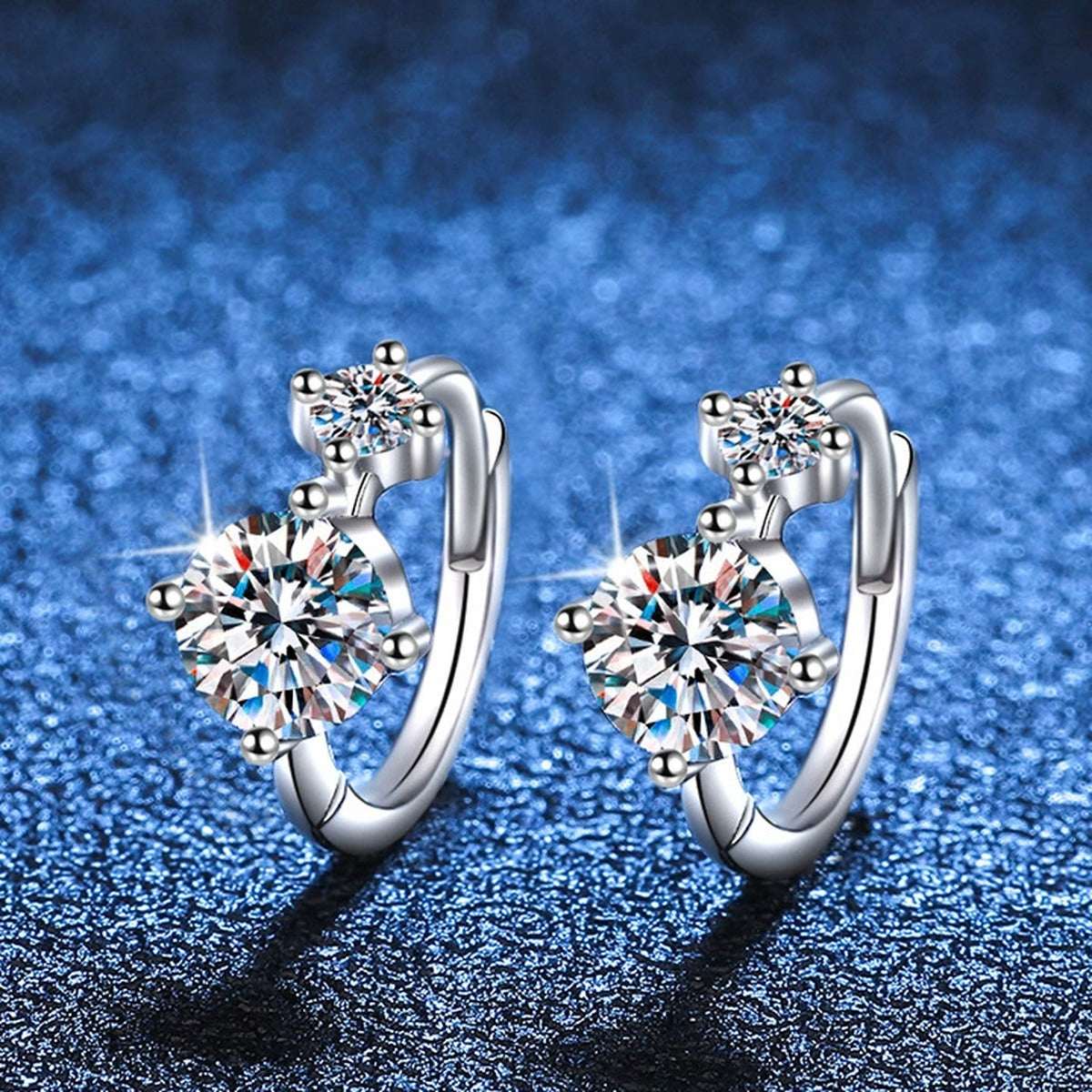 Two-Stone Moissanite Hoop Earrings in White Gold-Plated S925 Silver blue scene close-up view