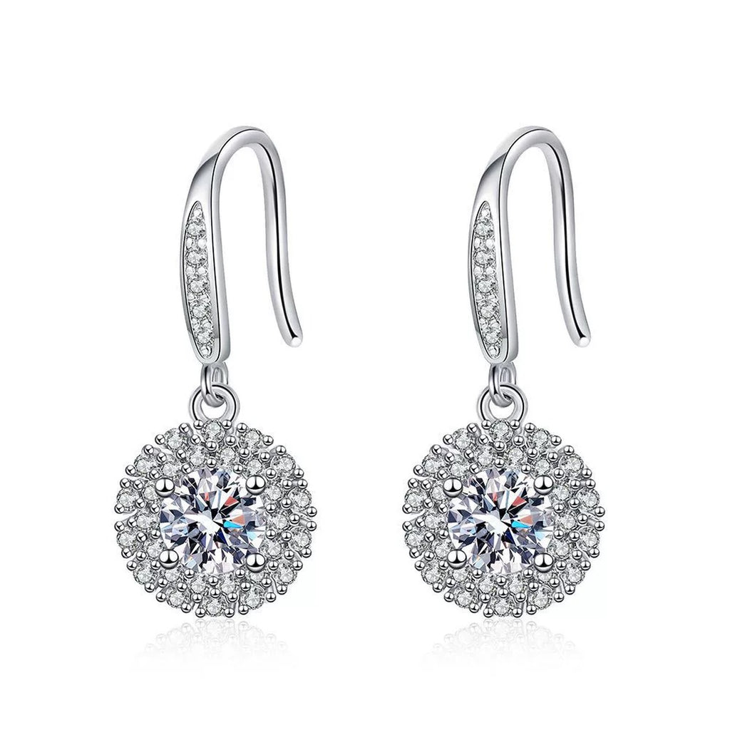 Round Halo Moissanite Drop Earrings with CZ in White Gold-Plated S925 on clean white background showing the pair and round halo drop earrings with a moissanite center and pavé detail
