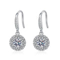 Round Halo Moissanite Drop Earrings with CZ in White Gold-Plated S925 on clean white background showing the pair and round halo drop earrings with a moissanite center and pavé detail