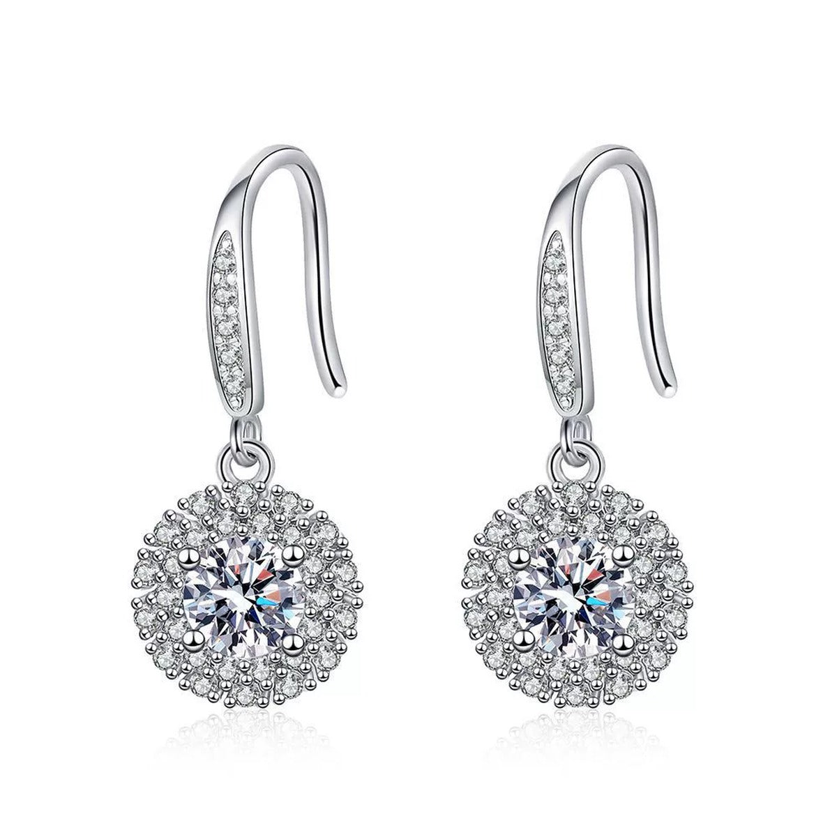 Round Halo Moissanite Drop Earrings with CZ in White Gold-Plated S925 on clean white background showing the pair and round halo drop earrings with a moissanite center and pavé detail