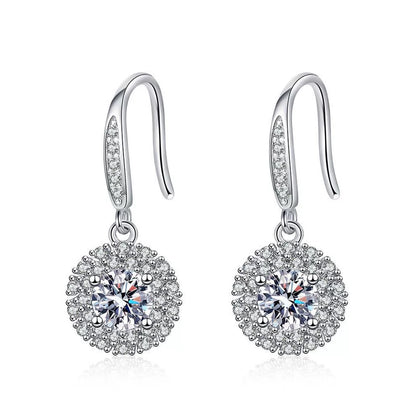 Round Halo Moissanite Drop Earrings with CZ in White Gold-Plated S925 on clean white background showing the pair and round halo drop earrings with a moissanite center and pavé detail