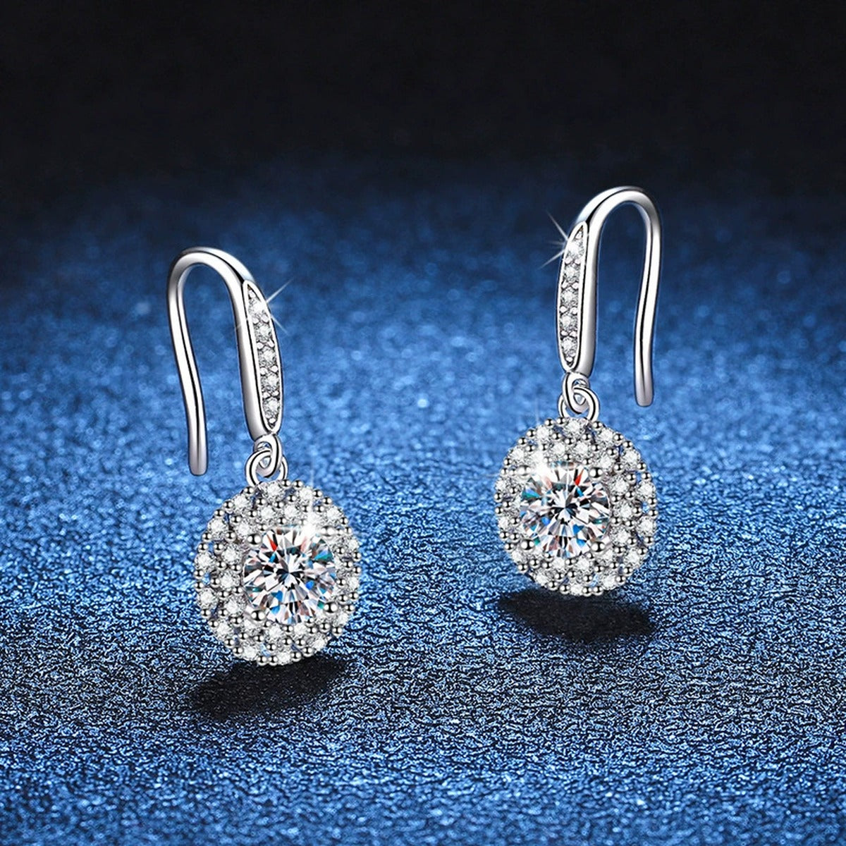 Round Halo Moissanite Drop Earrings with CZ in White Gold-Plated S925 blue scene product view