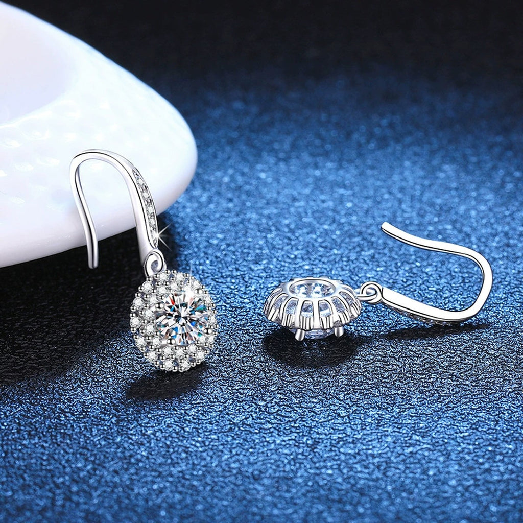 Round Halo Moissanite Drop Earrings with CZ in White Gold-Plated S925 blue scene angled view