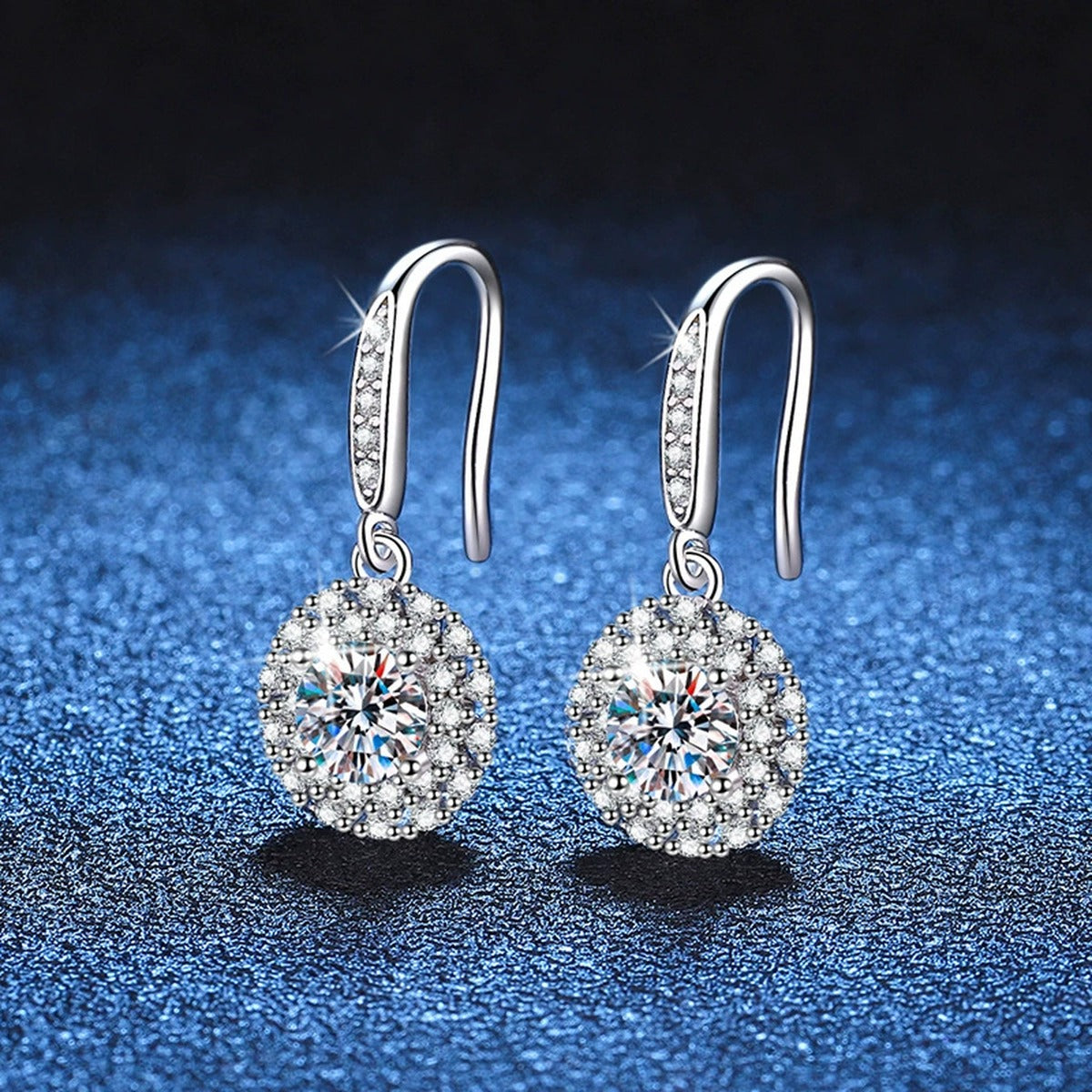 Round Halo Moissanite Drop Earrings with CZ in White Gold-Plated S925 blue scene close-up view