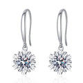 Floral Moissanite Drop Earrings in White Gold-Plated S925 Silver on clean white background showing the pair and flower-inspired drop earrings with a round moissanite center