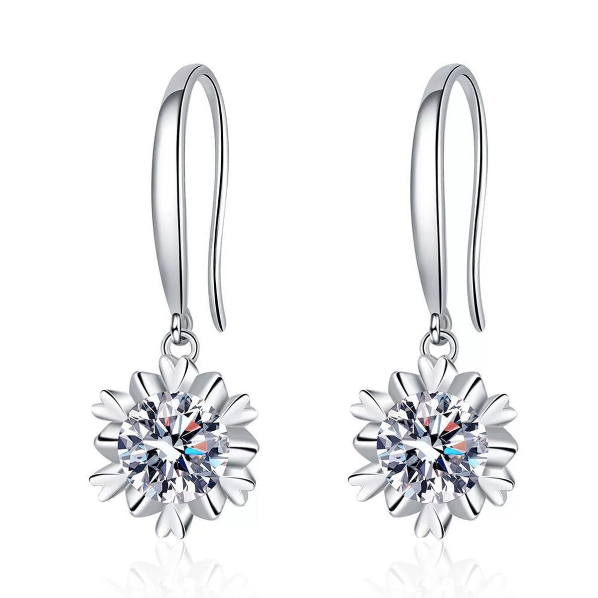 Floral Moissanite Drop Earrings in White Gold-Plated S925 Silver on clean white background showing the pair and flower-inspired drop earrings with a round moissanite center