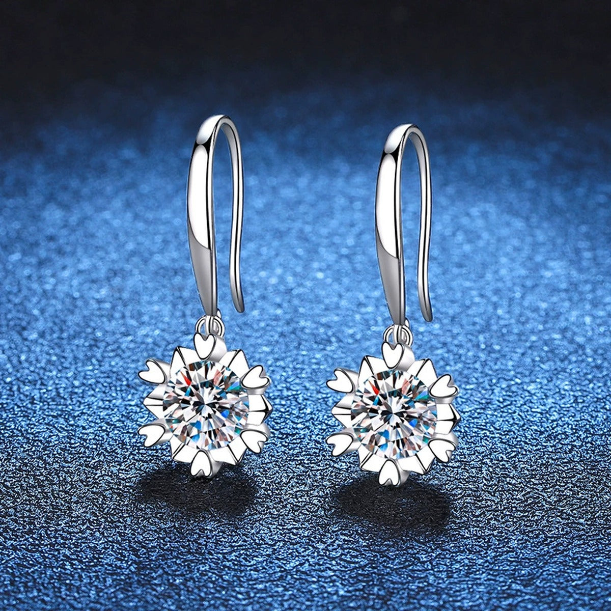 Floral Moissanite Drop Earrings in White Gold-Plated S925 Silver blue scene angled view
