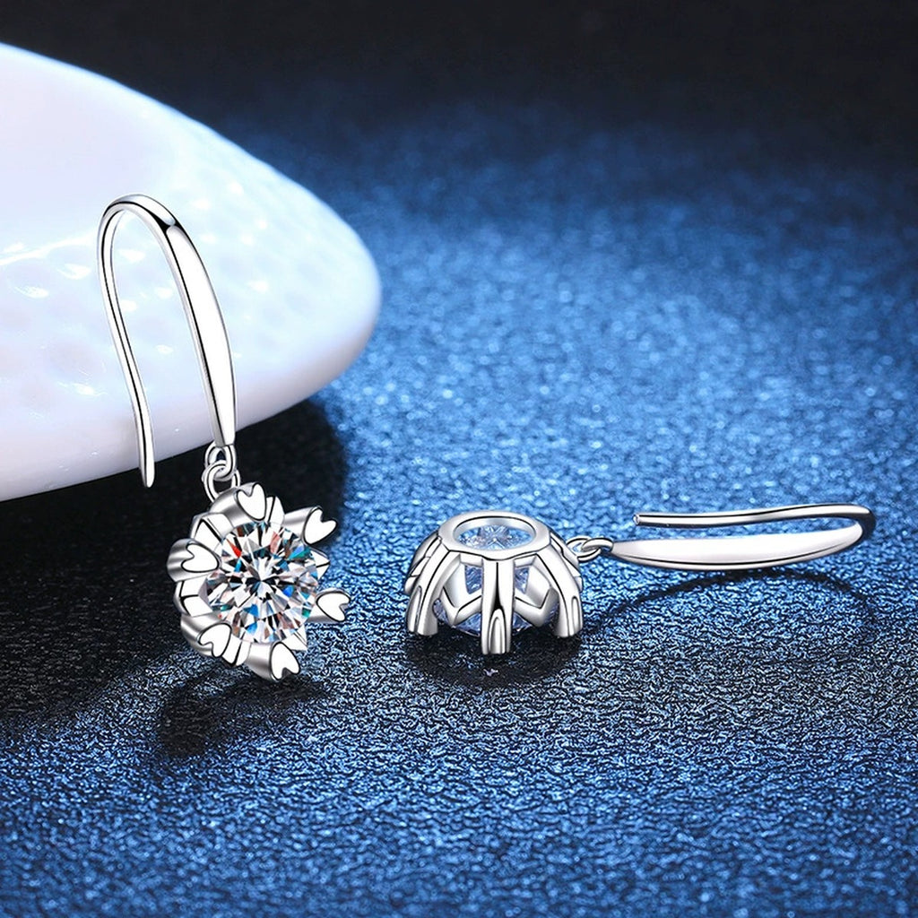 Floral Moissanite Drop Earrings in White Gold-Plated S925 Silver blue scene close-up view