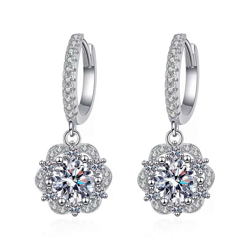 Round Halo Moissanite Hoop Drop Earrings with CZ in White Gold-Plated S925 on clean white background showing the pair and pavé hoop earrings with round halo moissanite drops