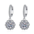 Round Halo Moissanite Hoop Drop Earrings with CZ in White Gold-Plated S925 on clean white background showing the pair and pavé hoop earrings with round halo moissanite drops