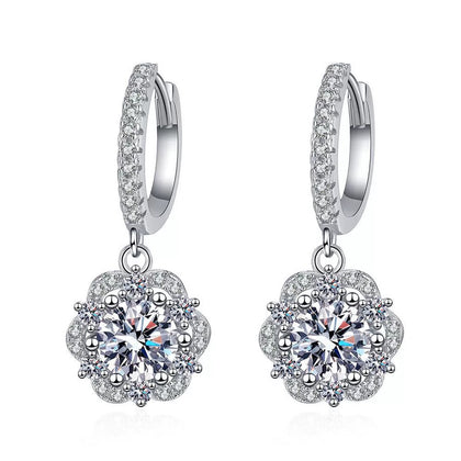 Round Halo Moissanite Hoop Drop Earrings with CZ in White Gold-Plated S925 on clean white background showing the pair and pavé hoop earrings with round halo moissanite drops