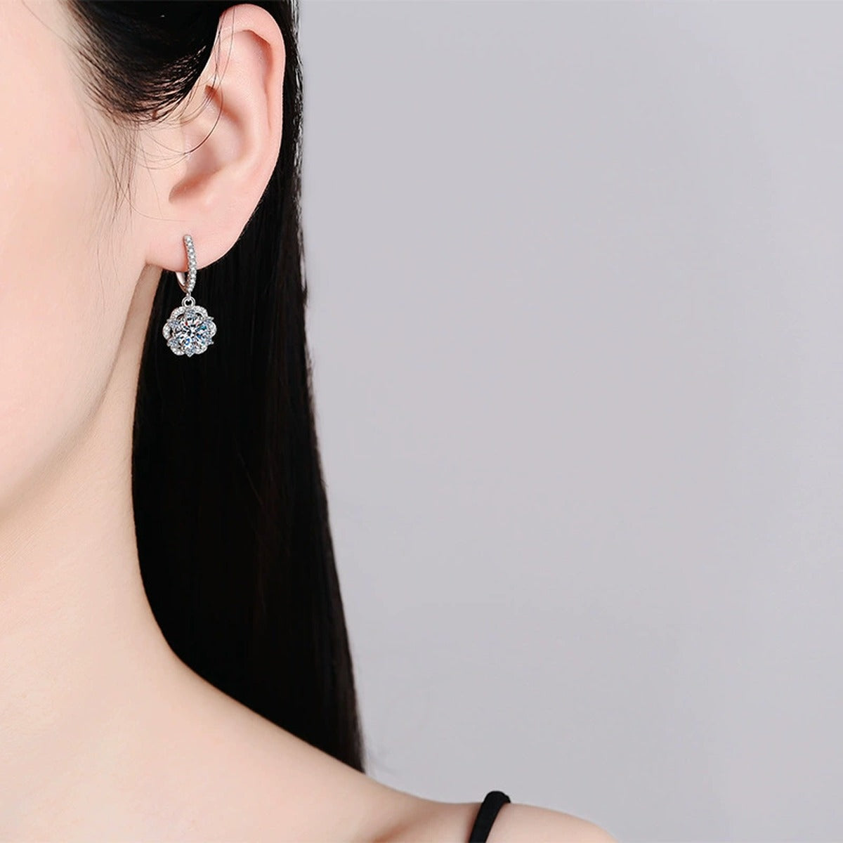 Round Halo Moissanite Hoop Drop Earrings with CZ in White Gold-Plated S925 worn on ear by model