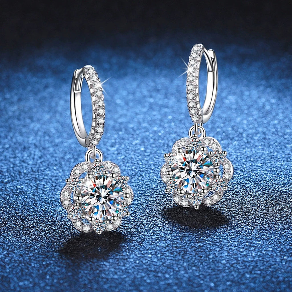 Round Halo Moissanite Hoop Drop Earrings with CZ in White Gold-Plated S925 blue scene product view