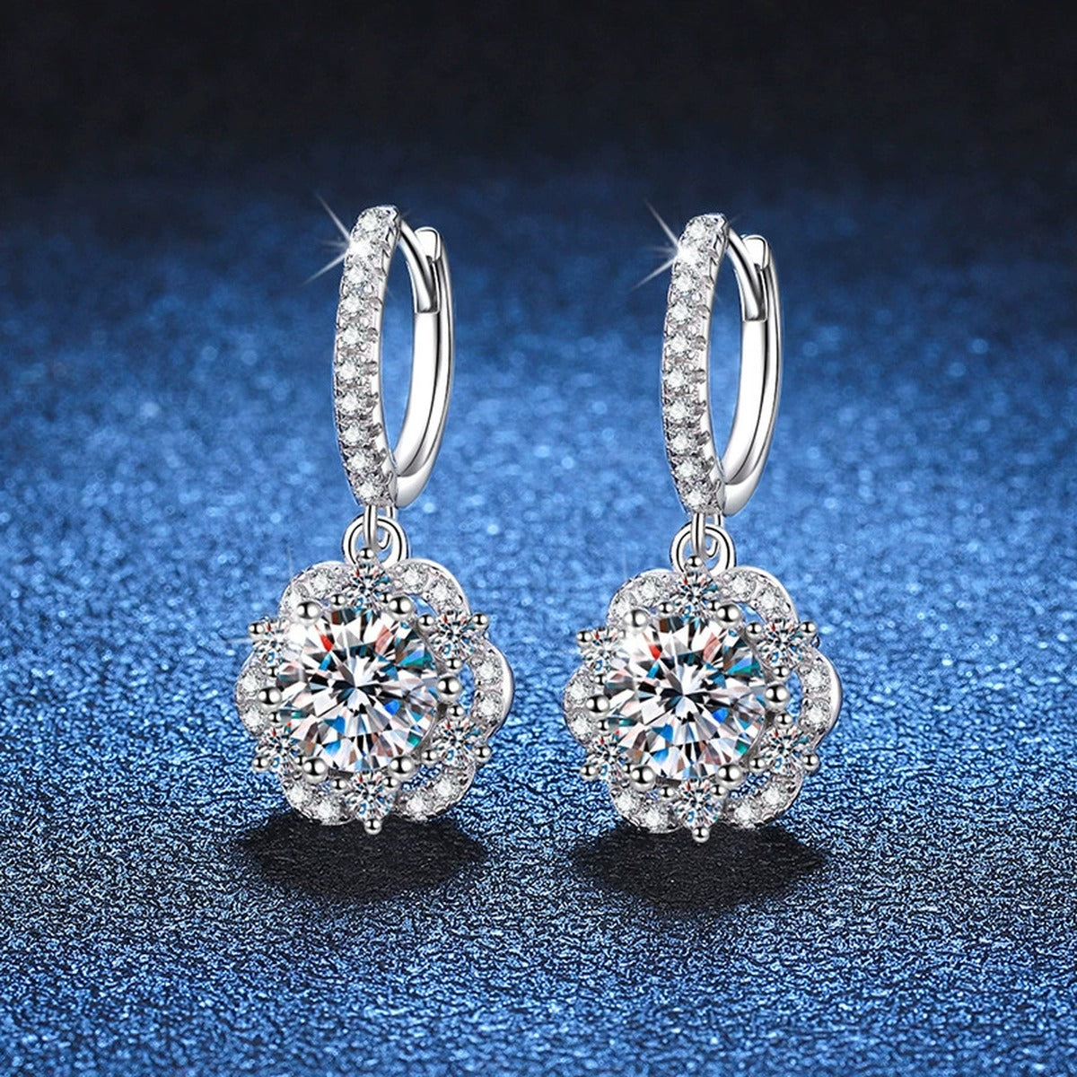Round Halo Moissanite Hoop Drop Earrings with CZ in White Gold-Plated S925 blue scene angled view