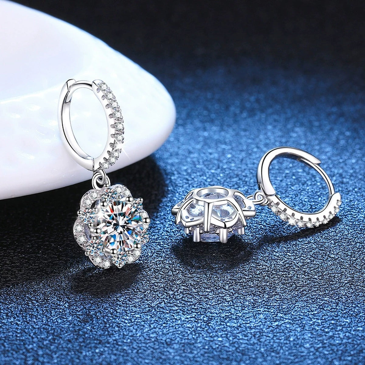 Round Halo Moissanite Hoop Drop Earrings with CZ in White Gold-Plated S925 blue scene close-up view