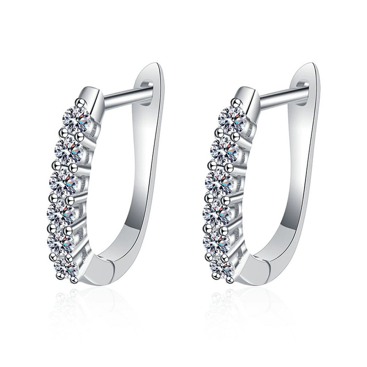 Pavé Moissanite Hoop Earrings with CZ in White Gold-Plated S925 on clean white background showing the pair and slim hoop earrings with a bright pavé moissanite front